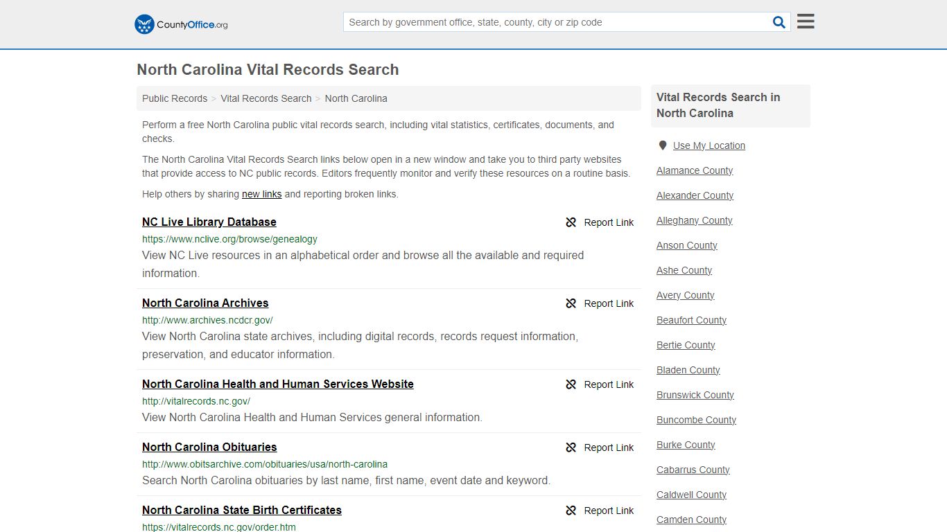 North Carolina Vital Records Search - County Office